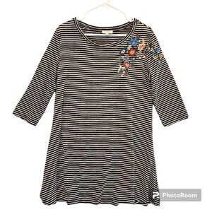 Umgee Mini Dress Tunic Black White Stripe Embroidered Flowers Sz S Boho